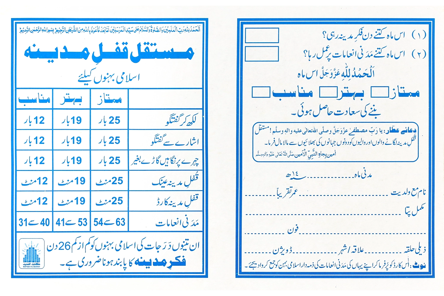 Card - Mustaqil Qufl-E-Madina Card - Female