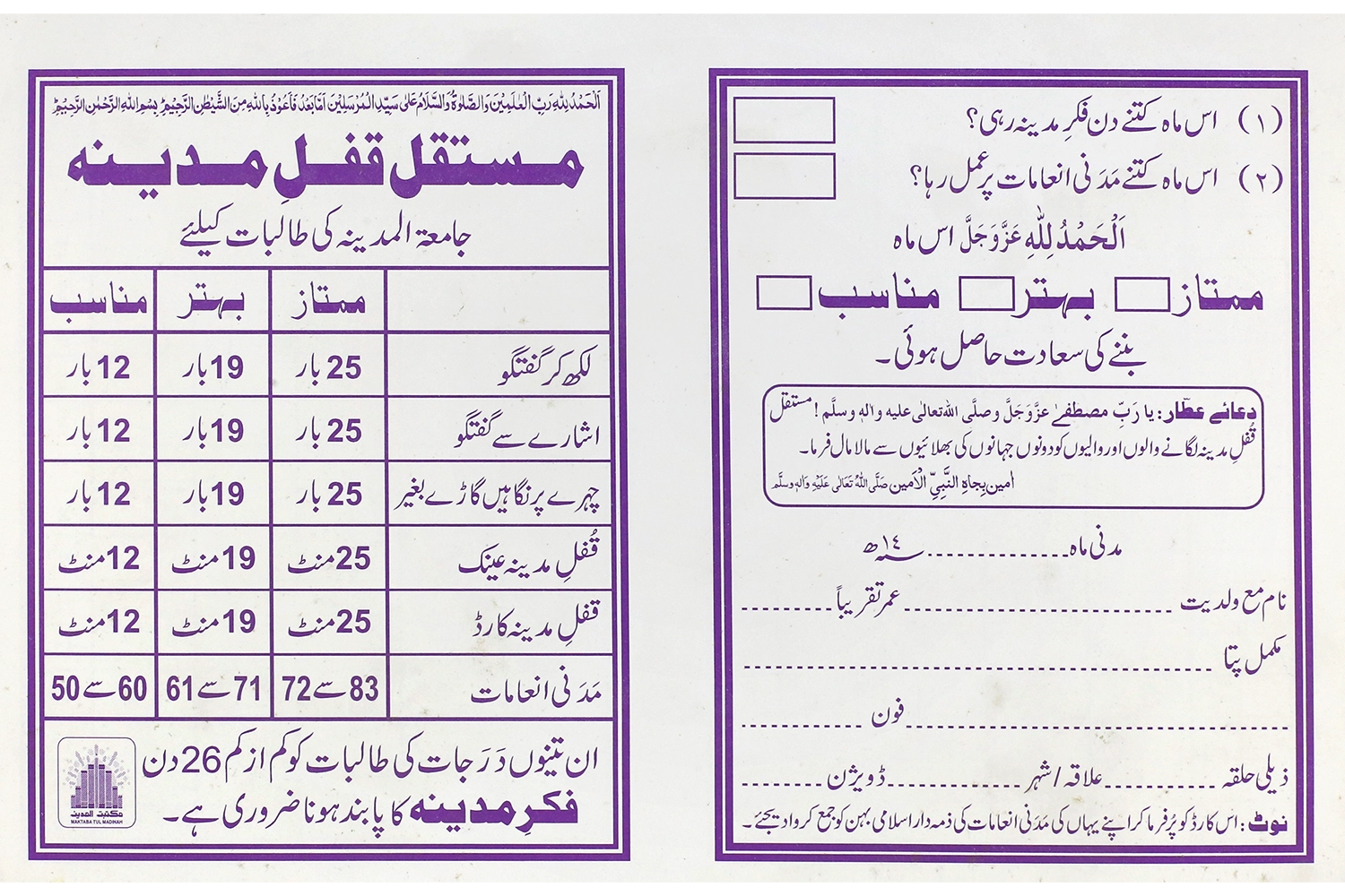 Card - Mustaqil Qufl-E-Madina Card - Talibat